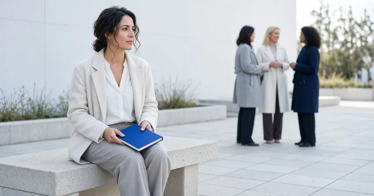A woman on a plaza bench holding a blue journal, looking toward friends talking nearby