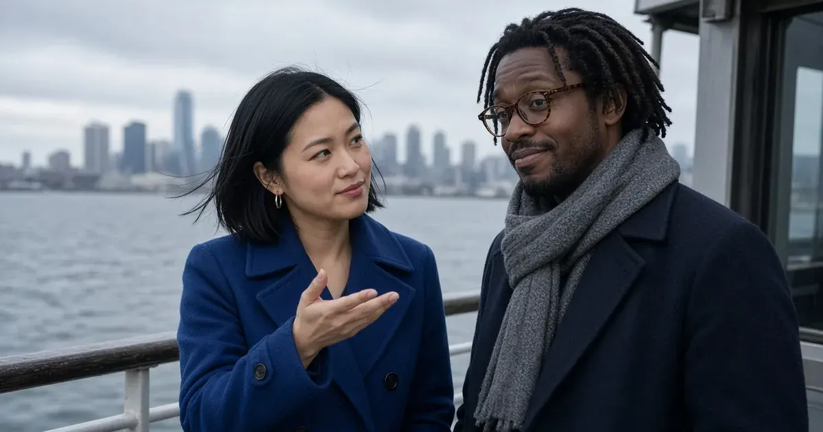 On a ferry deck on a grey morning, a woman in a cobalt coat tells a story while her friend in round glasses gives her a skeptical look