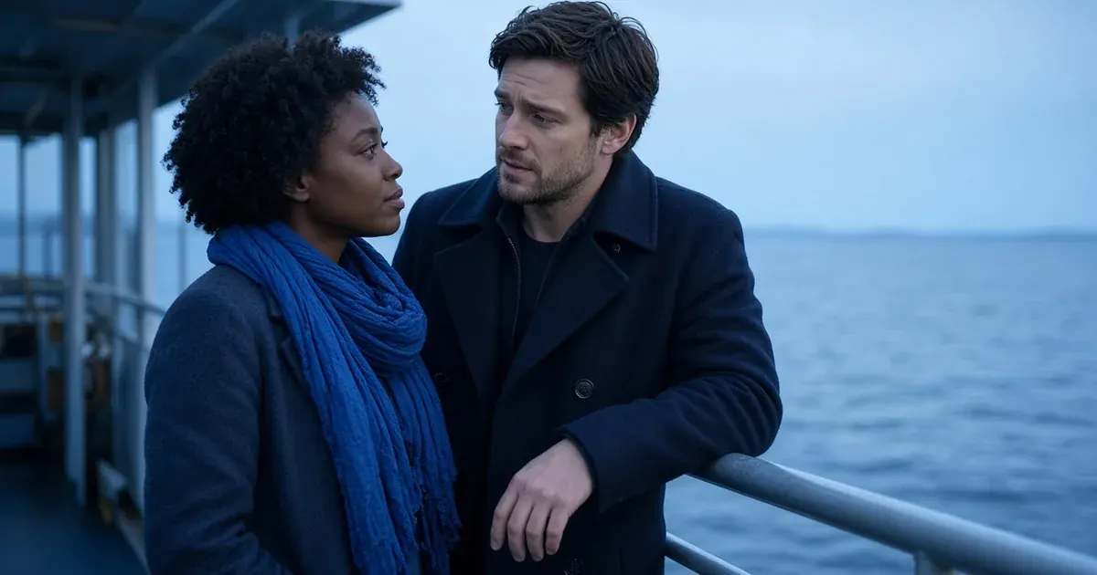 On a ferry deck in cool morning light, a woman in a cobalt scarf studies her partner's face as he talks earnestly.