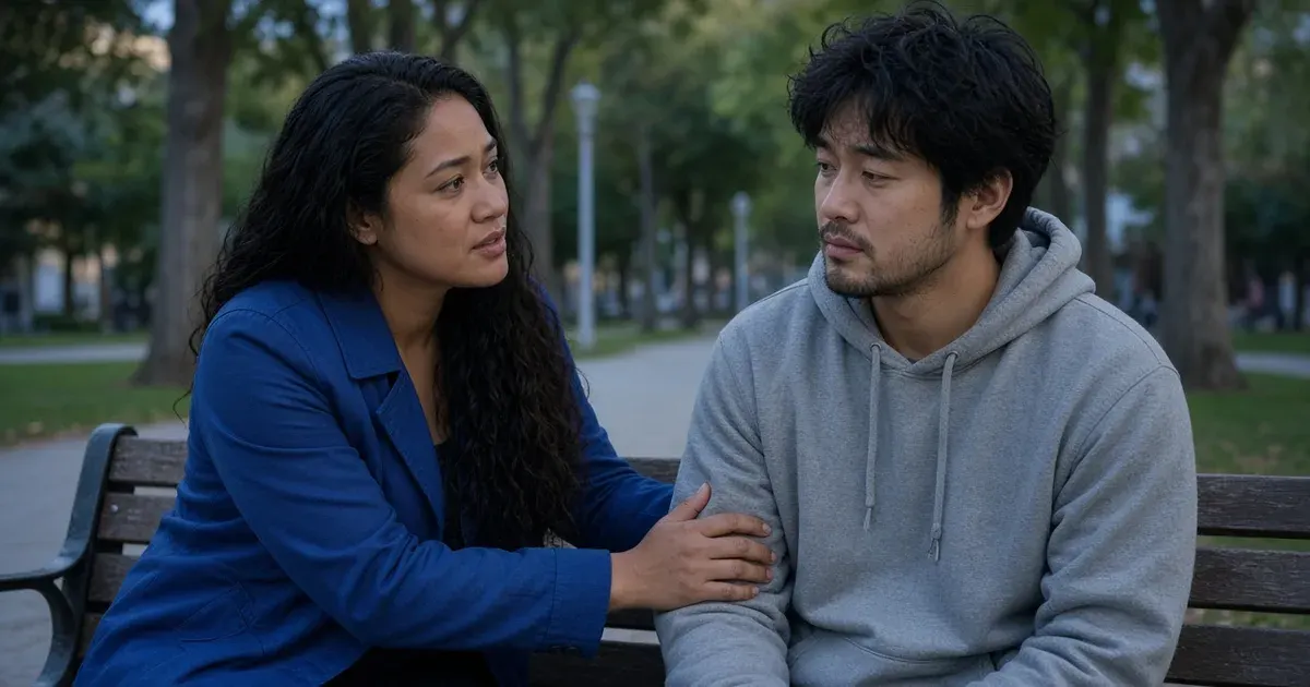 A woman in a park leans in earnestly toward a distracted man on a bench, her hand on his arm