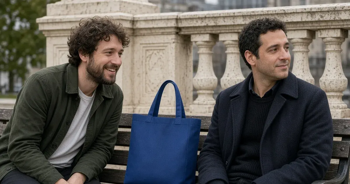 A couple in their thirties on a city bench, one leaning in and the other glancing away, beside a cobalt blue tote bag.