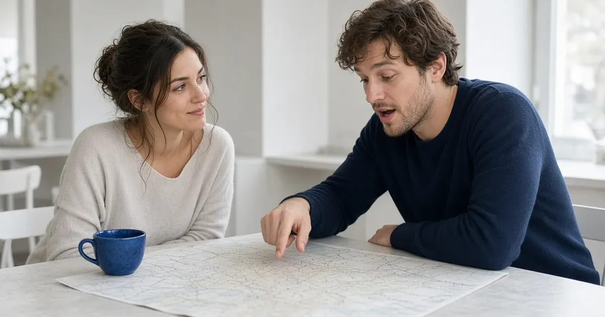 A couple in their thirties looking at a paper map together at a bright café table beside a cobalt blue cup.