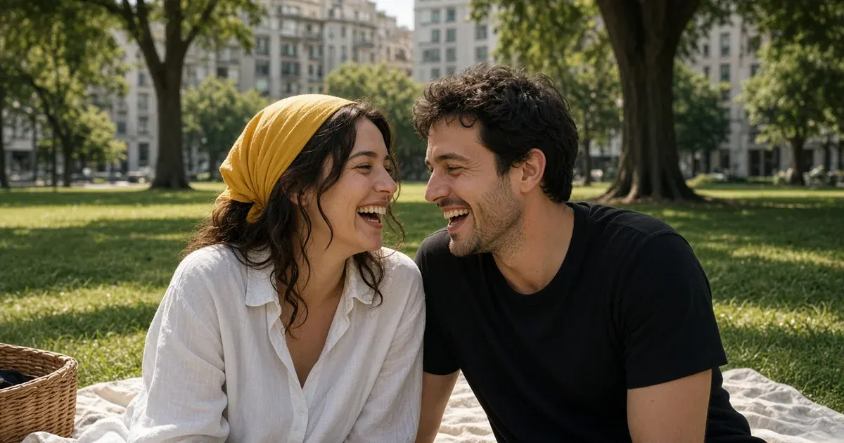 On a sunlit city lawn, a woman in her late twenties wearing a yellow headscarf and white linen shirt shares a picnic and a laugh with her partner in a black T-shirt.