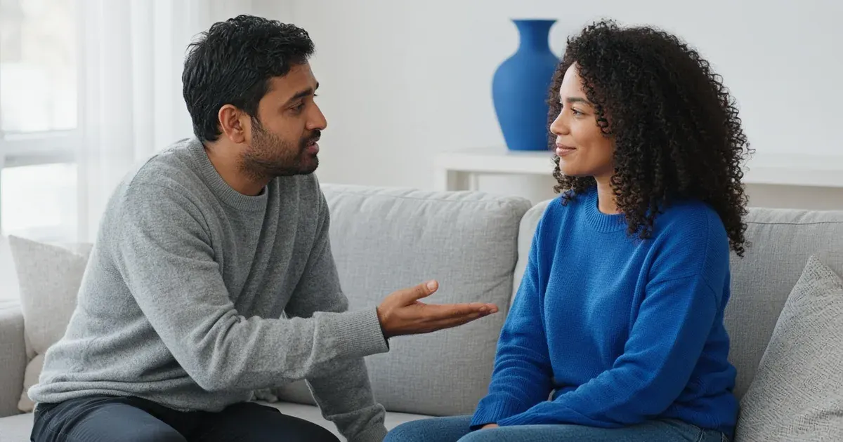 A man in a grey sweater sits beside a woman in a cobalt blue sweater on a sofa, apologizing as she begins to soften.