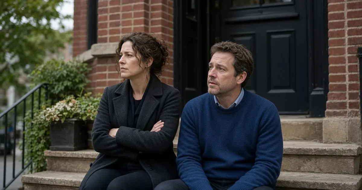 A couple sit apart on a front step after an argument, the man in a blue sweater looking toward the woman.