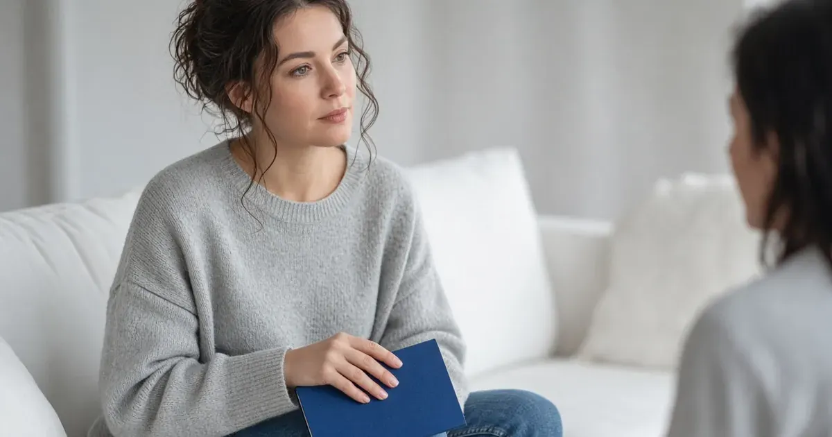 A woman in her early thirties sitting on a sofa with a blue journal, listening closely to a friend.